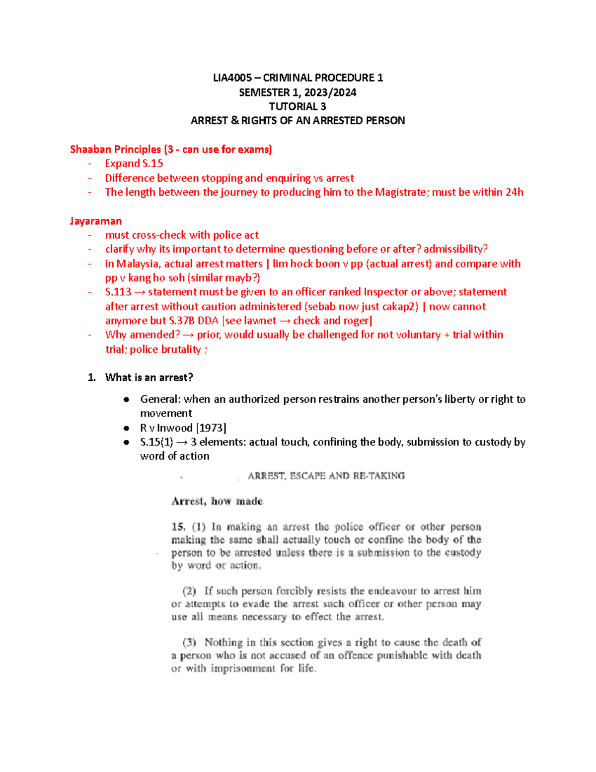 LIA4005 – Criminal Procedure 1: Tutorial 3 on Arrest & Rights - Studocu