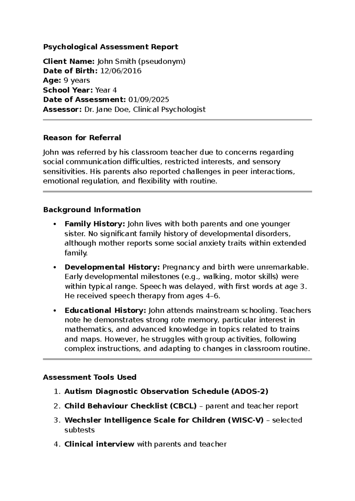 Psychological Assessment Report: Autism Spectrum Disorder (ASD ...