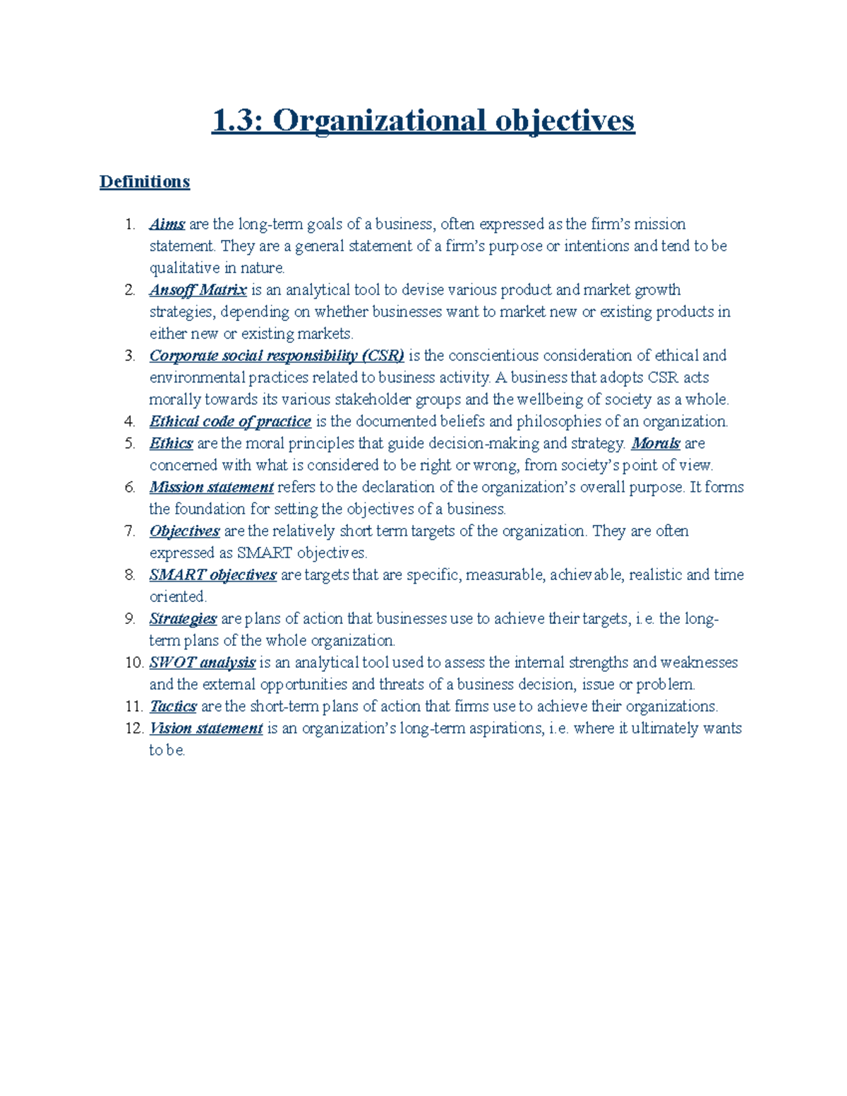 1.3 Organizational objectives - 1: Organizational objectives ...