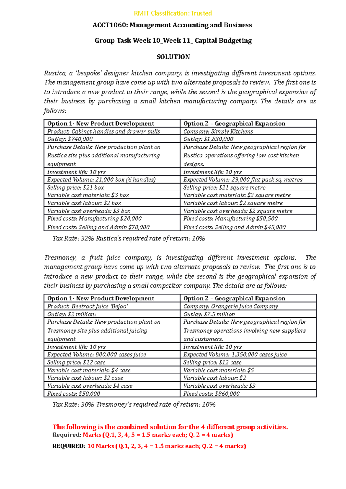 ACCT1060: Capital Budgeting Solutions for Week 10 and 11 Tasks - Studocu