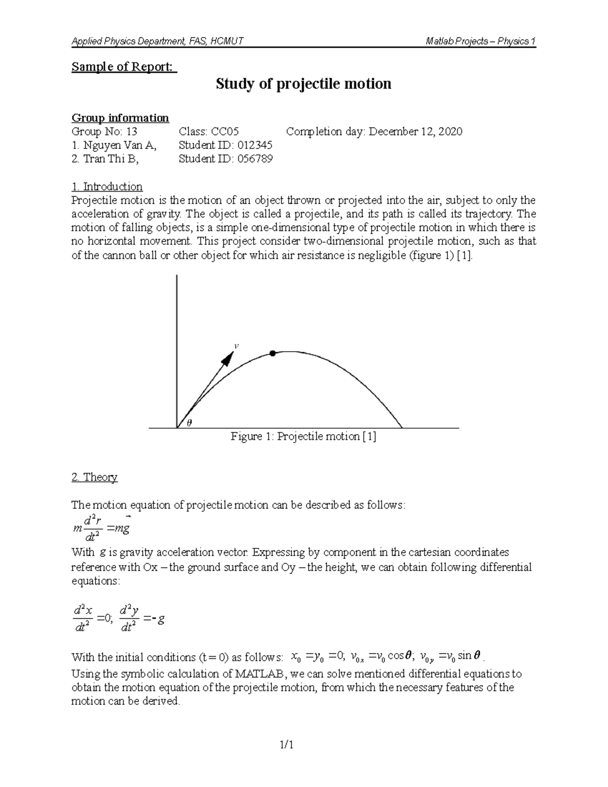 CC05 Physics 1: Sample Project Report on Projectile Motion - Studocu