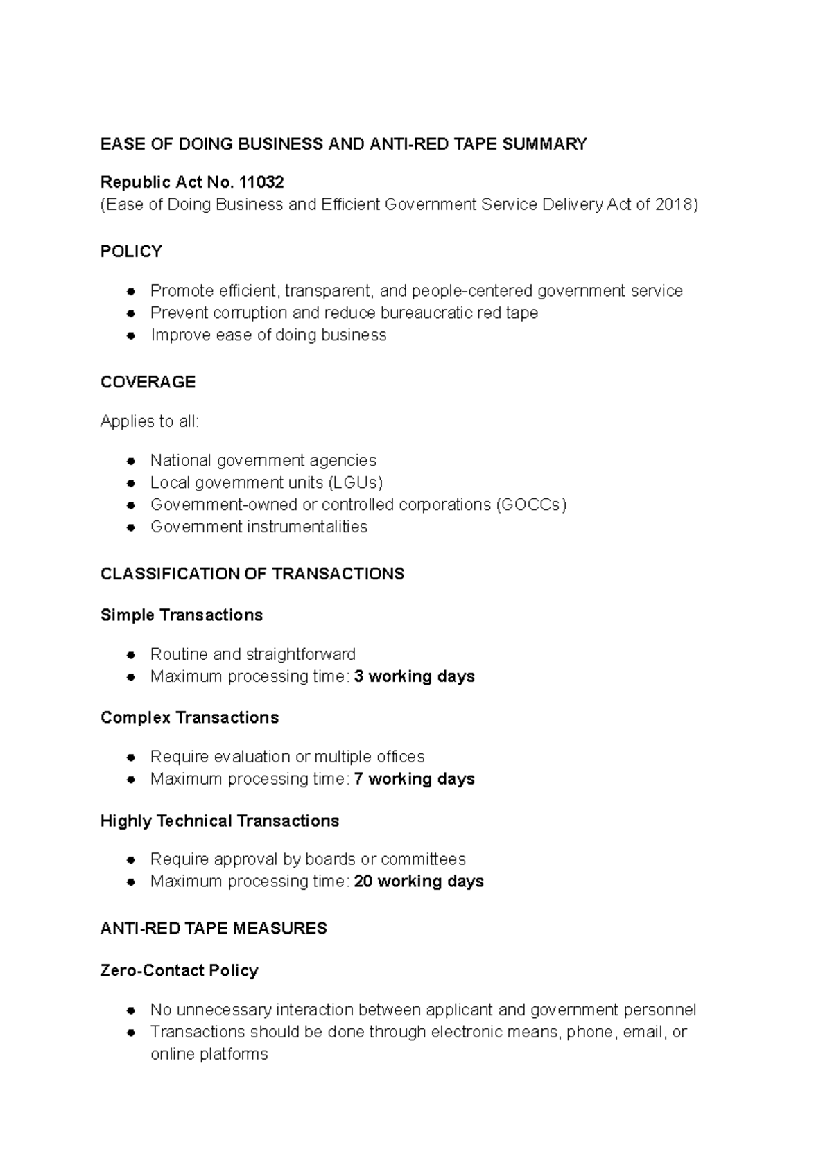 EASE OF DOING BUSINESS SUMMARY - RA 11032 Overview - Studocu