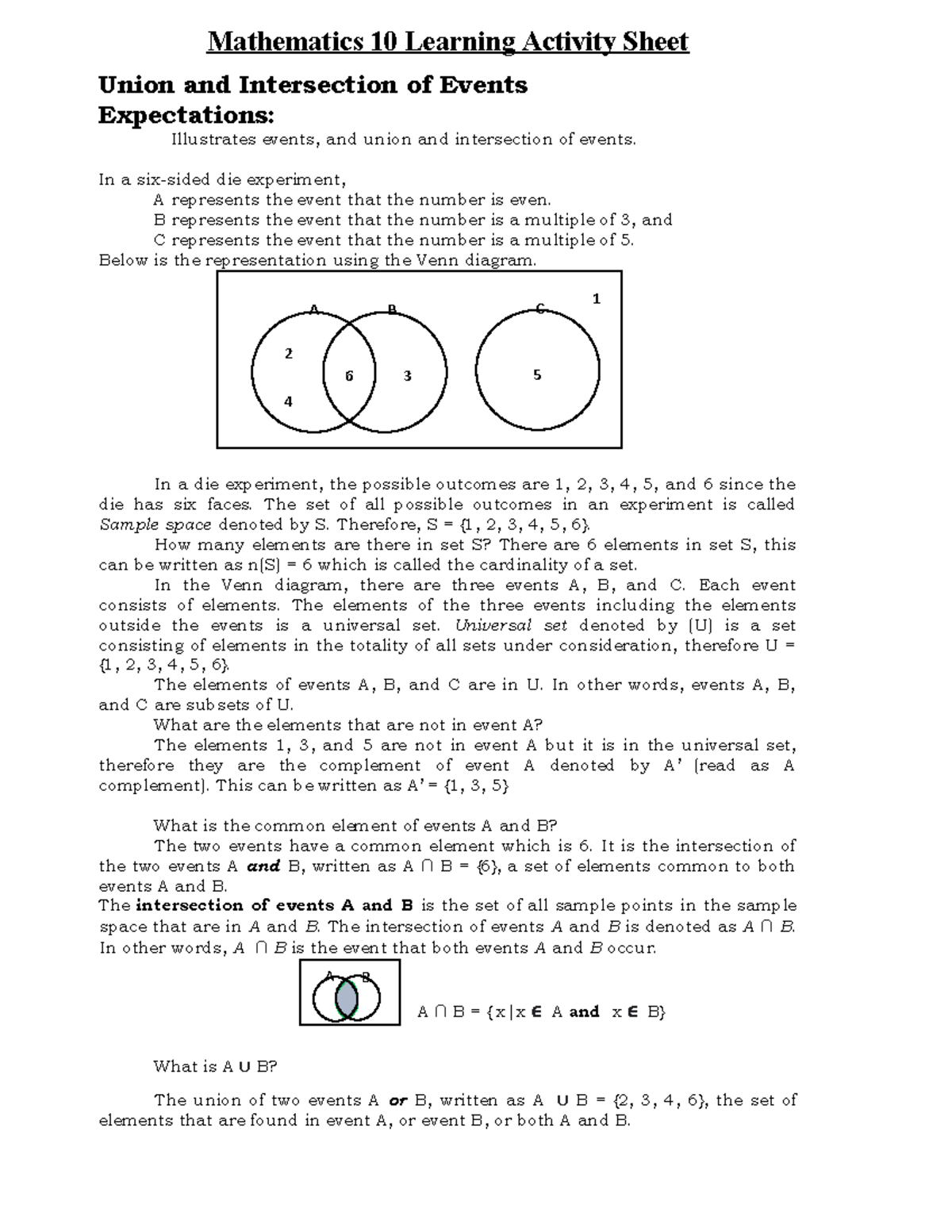 Mathematics 10 Activity: Union & Intersection of Events - Studocu