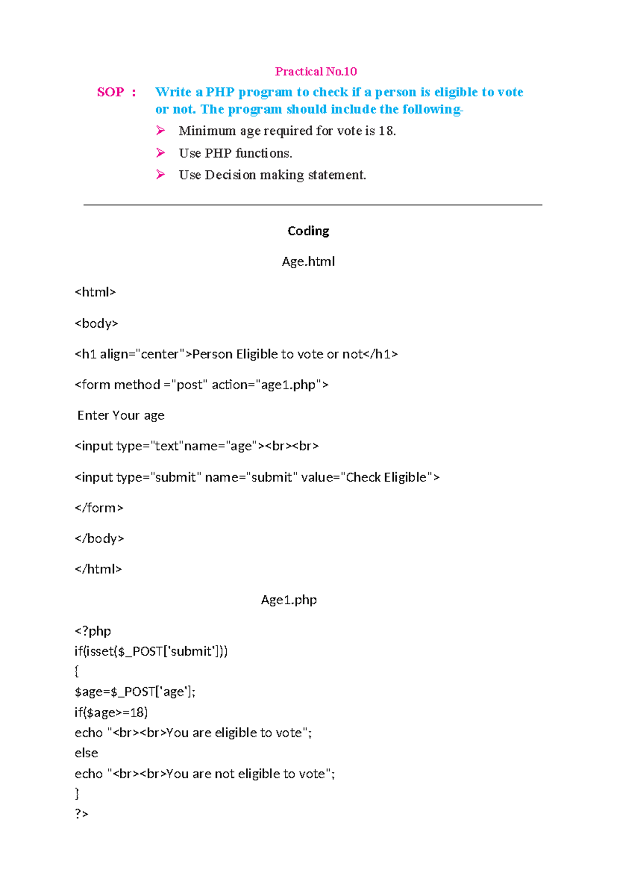 Practical No.10 SOP: PHP Program for Vote Eligibility Check - Studocu