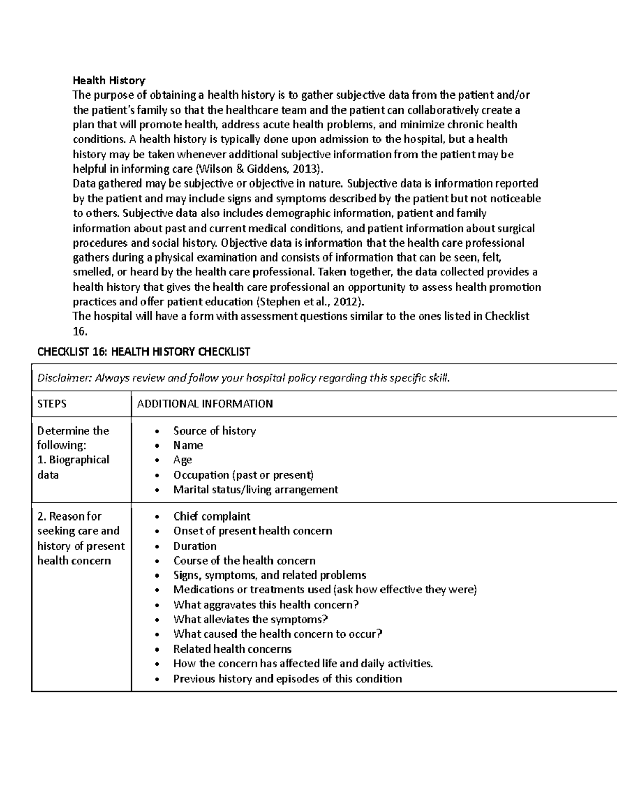 Health History Guide: Essential Data for Patient Care Evaluation - Studocu