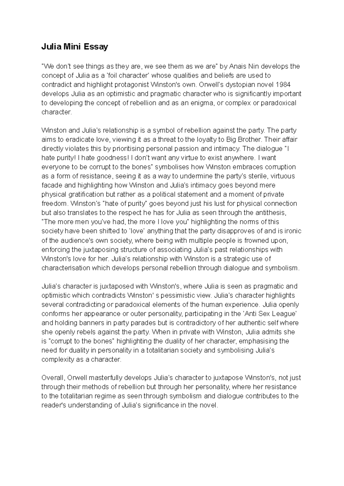 ENG 101: Julia's Duality in Orwell's 1984 - A Mini Essay - Studocu