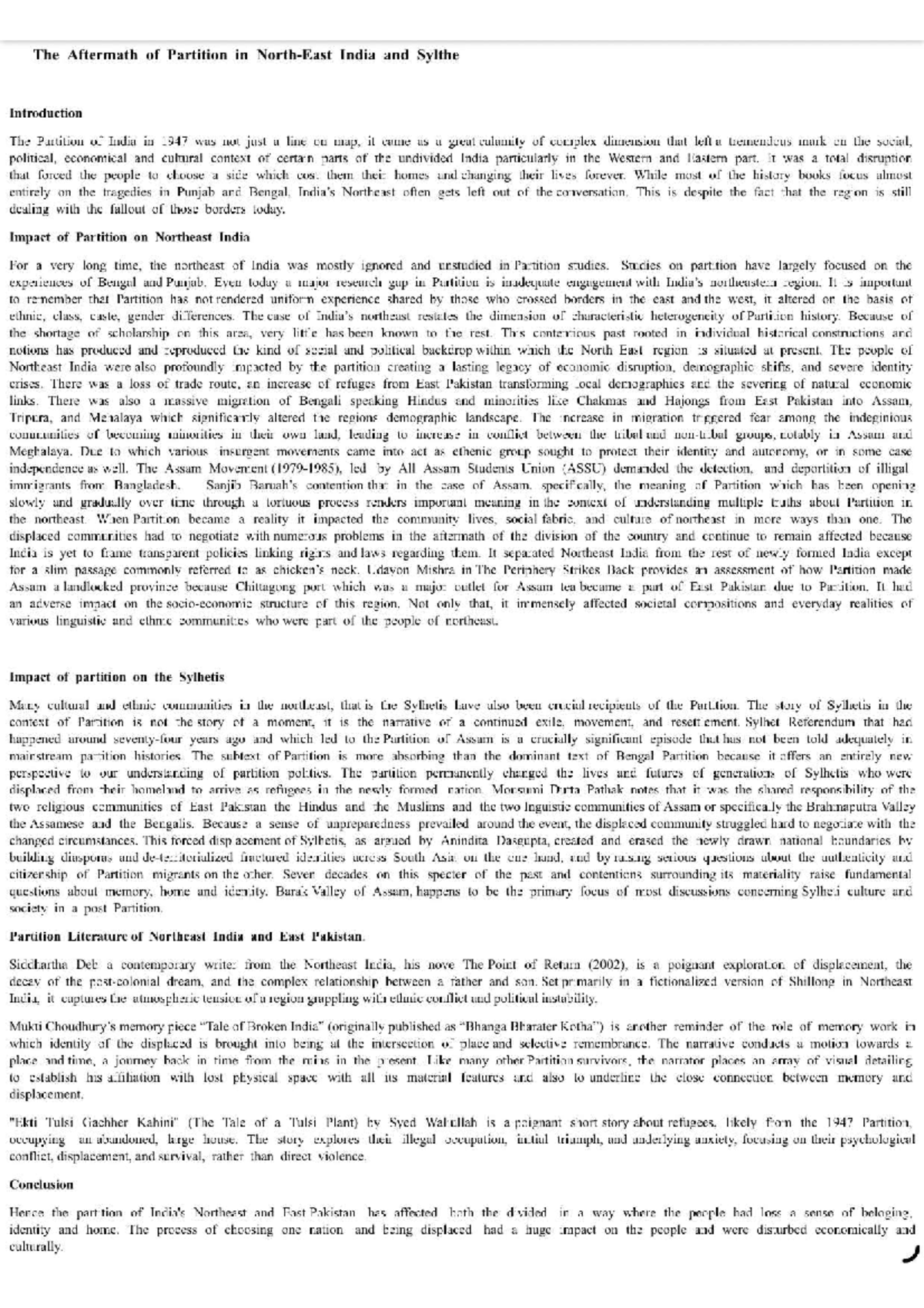 Aftermath of Partition in Northeast India: A Critical Analysis - Studocu