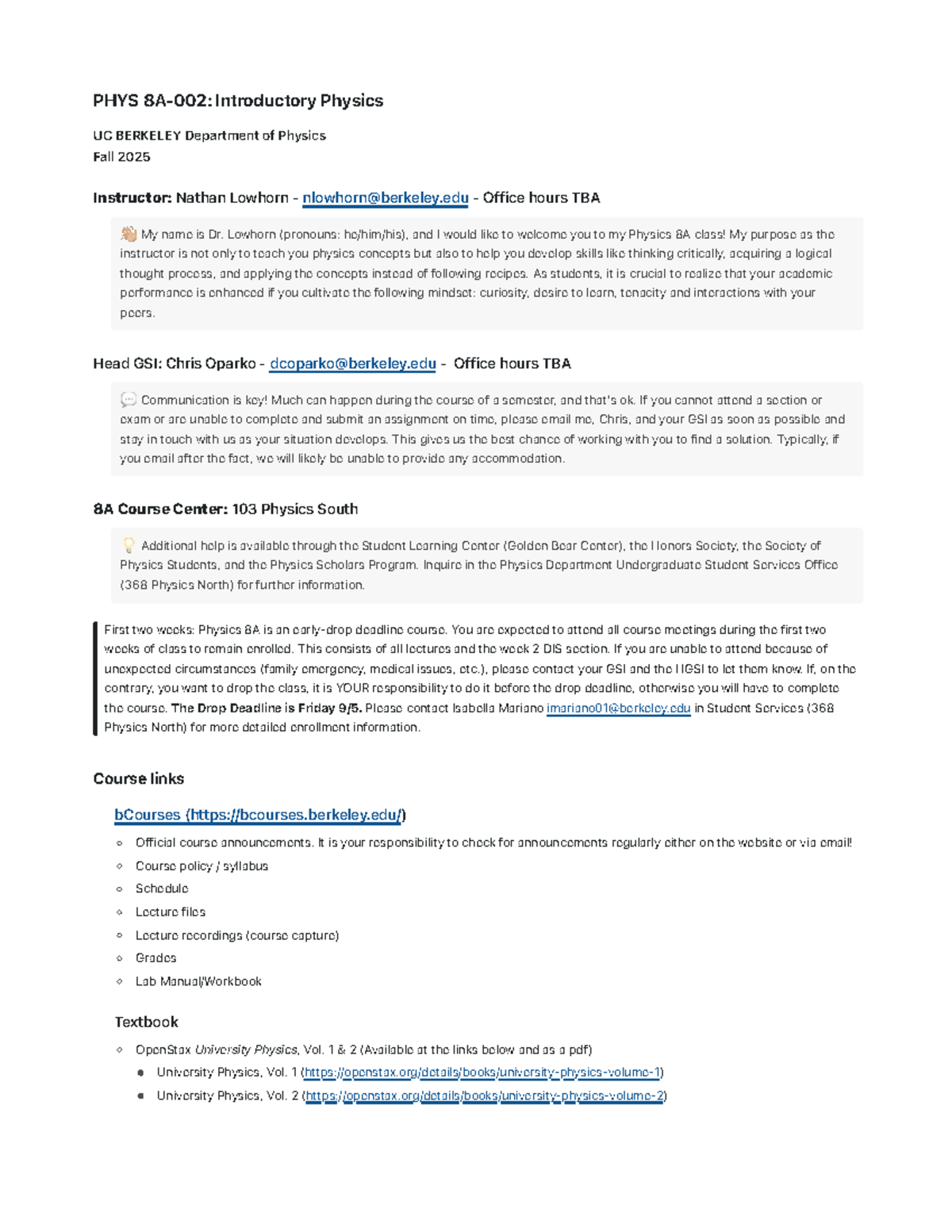 Course Policy and Syllabus for PHYS 8A - Fall 2025 - Studocu