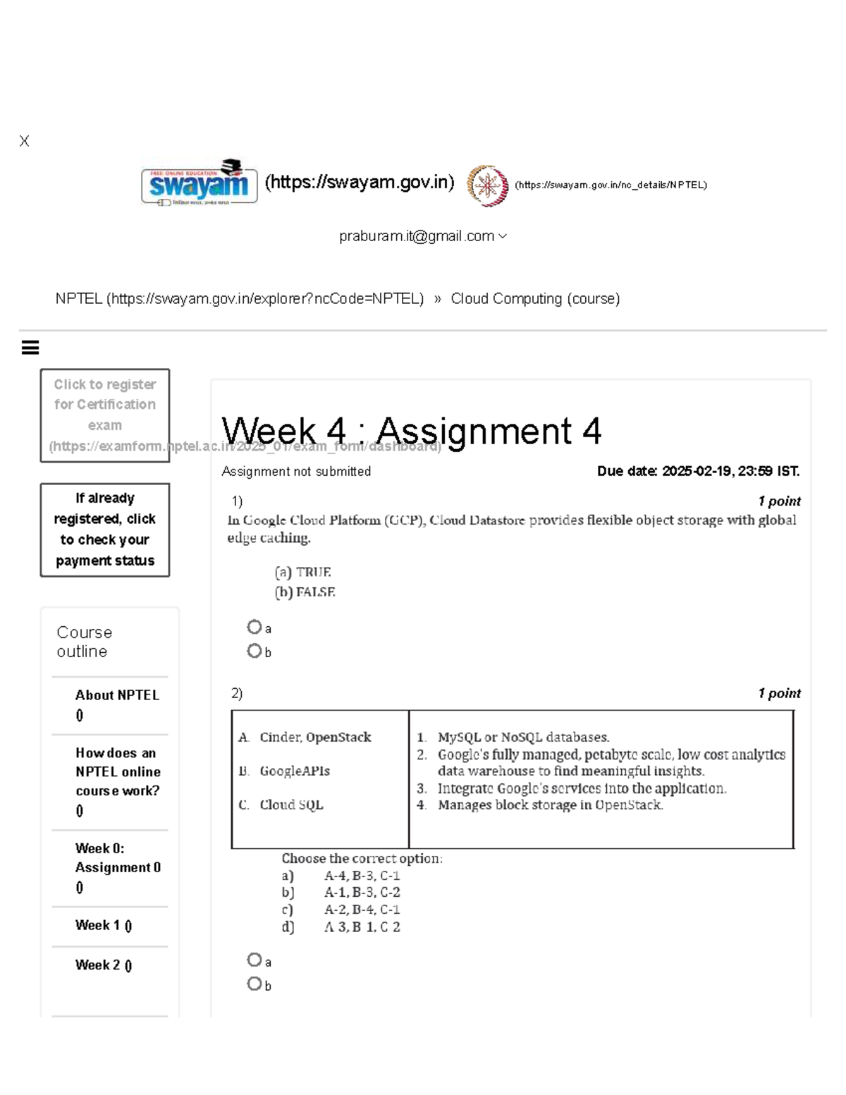 Cloud Computing NPTEL - Week 4 Assignment Overview - Studocu