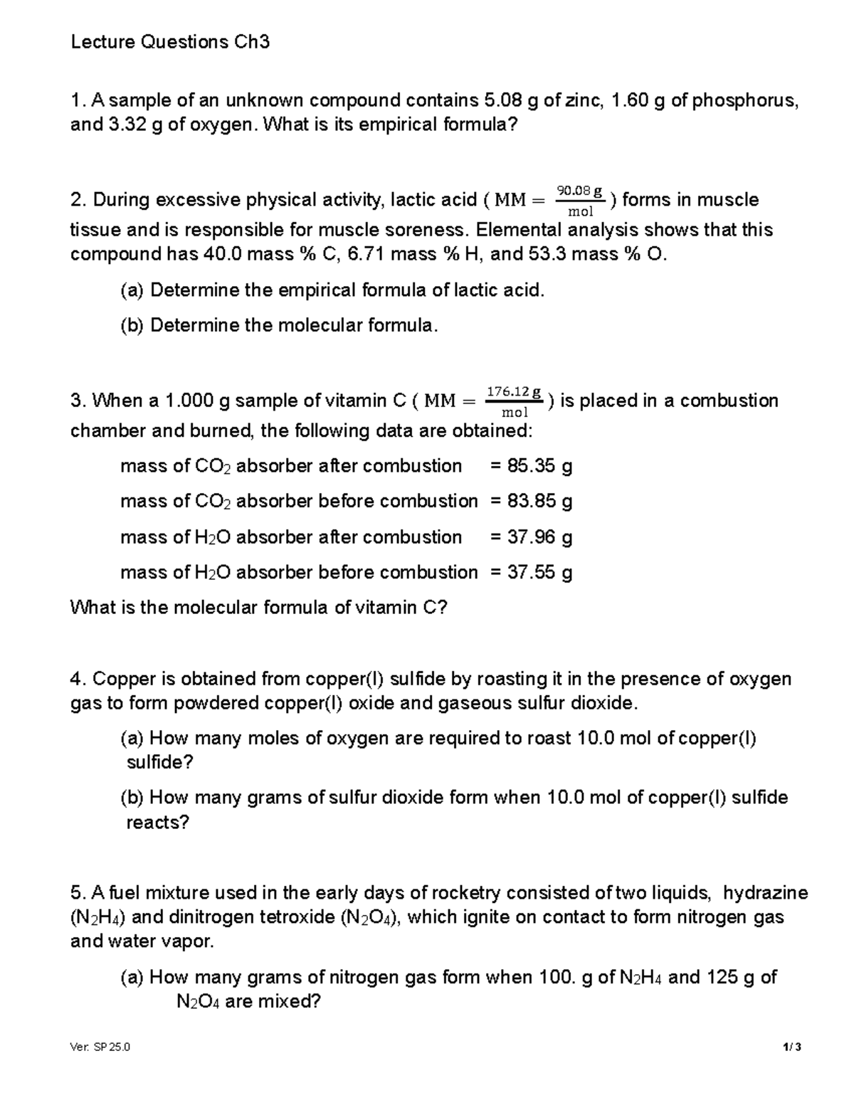 Lecture Questions for Chemistry Ch3 (SP25.0) - Empirical & Molecular ...