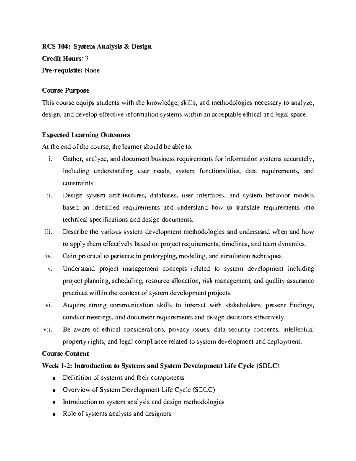 RCS 104 Course Outline - RCS 104 - RCS 104: System Analysis & Design ...