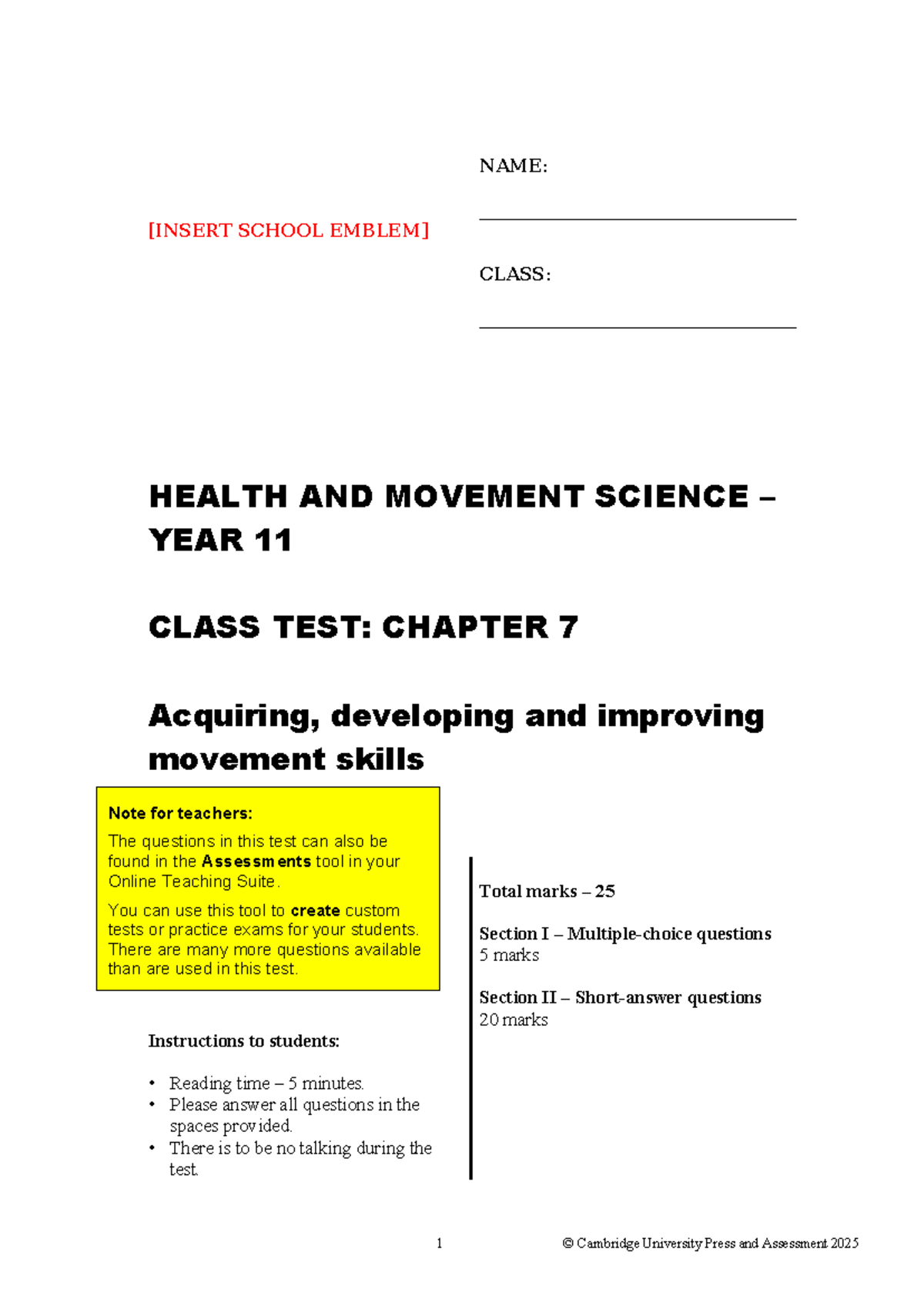 Health and Movement Science Year 11: Chapter 7 Skills Test - Studocu
