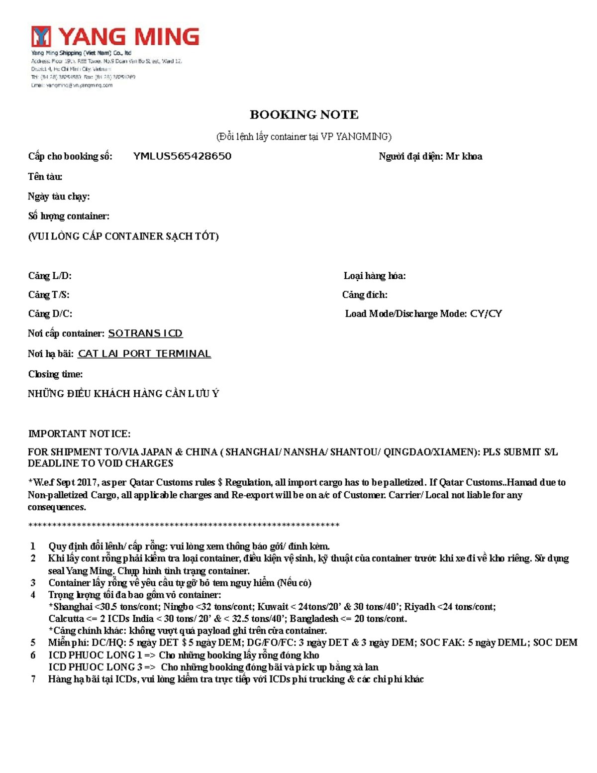 Booking Note - Container Pickup Instructions and Important Notices ...