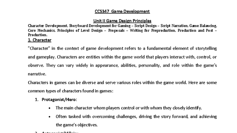 CCS347 - GD - Unit 2 - Game Design Principles and Techniques - Studocu