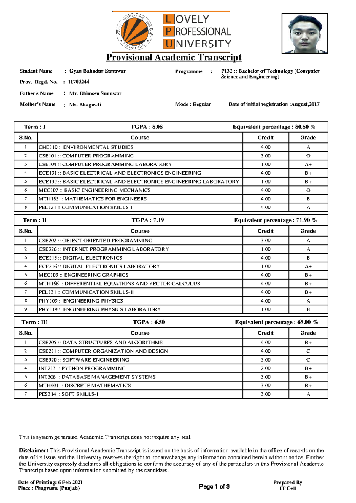 554767382-lpu-transcript 7thsem - Term : I TGPA : 8 Equivalent ...