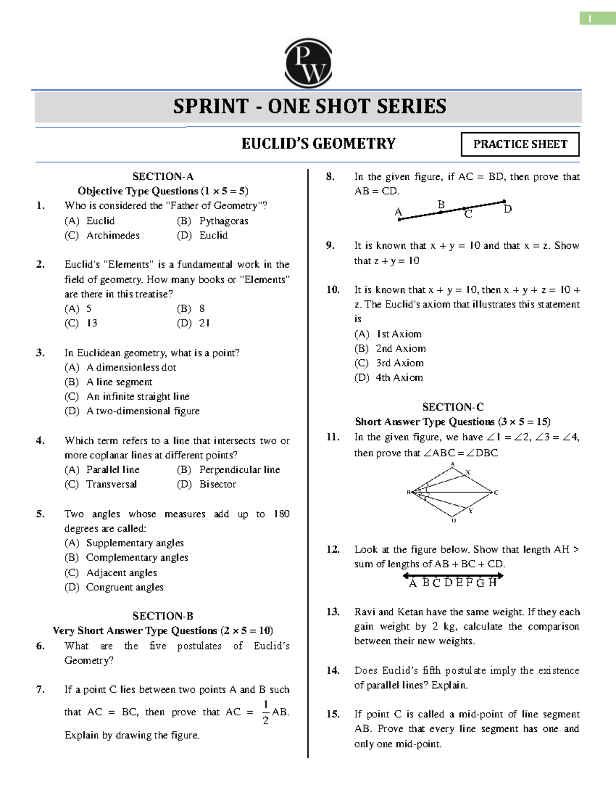 Practice Sheet Euclids Geometry Sprint-ONE Short Dimple Mam Rohit ...