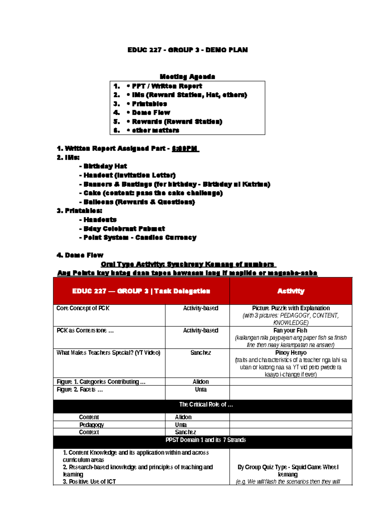 EDUC 227 GROUP 3 Demo Plan & Meeting Agenda Overview - Studocu