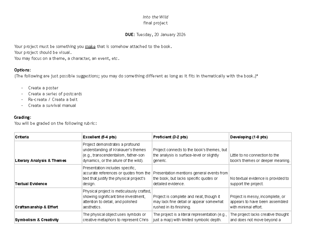 Into the Wild Project Guidelines - Final Project DUE Jan 20, 2026 - Studocu