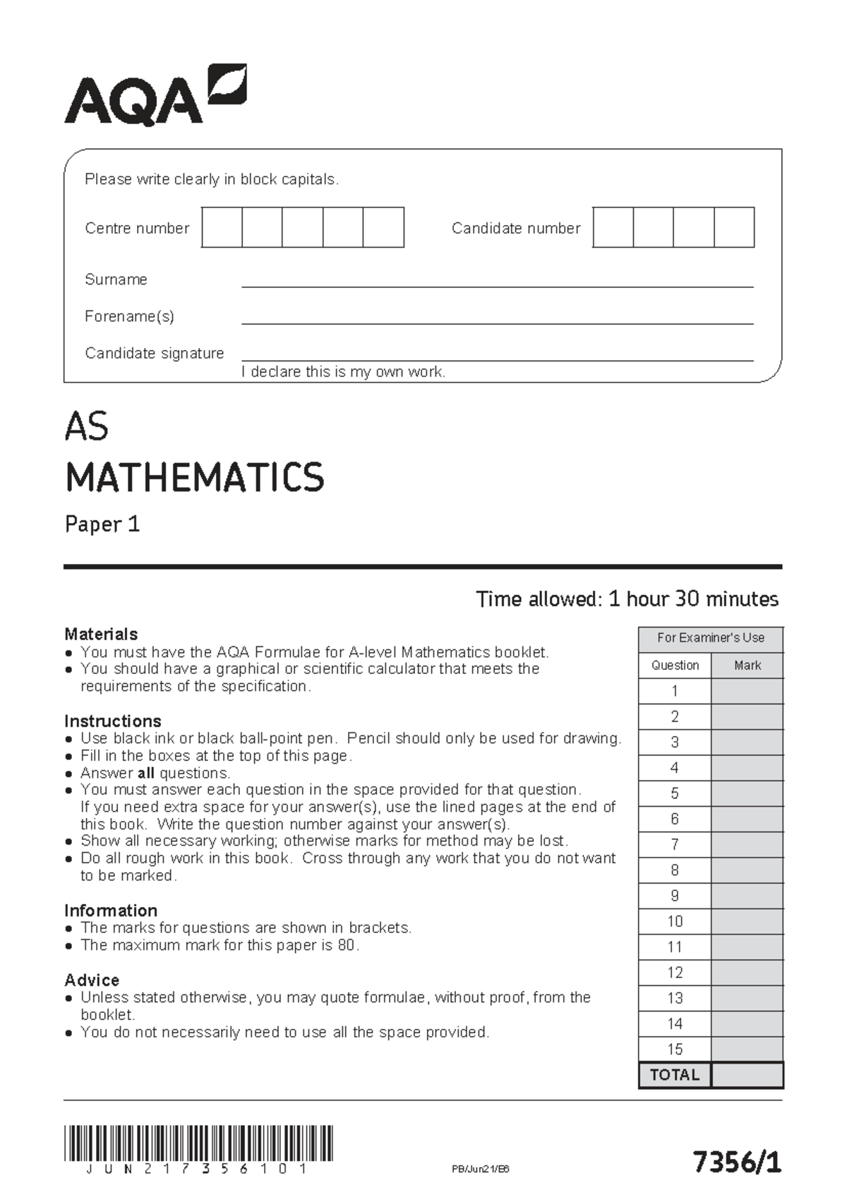 AS Mathematics (AQA) 2021 Paper 1 Exam Instructions and Questions - Studocu
