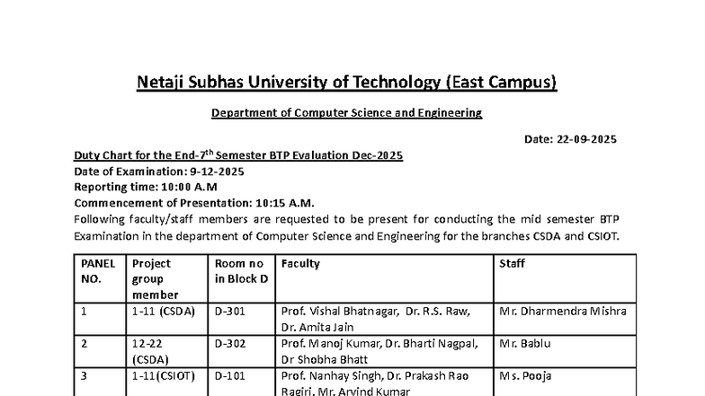 BTP-2025 Nov-Dec: Mid Semester Exam Duty Chart for CSDA & CSIOT - Studocu
