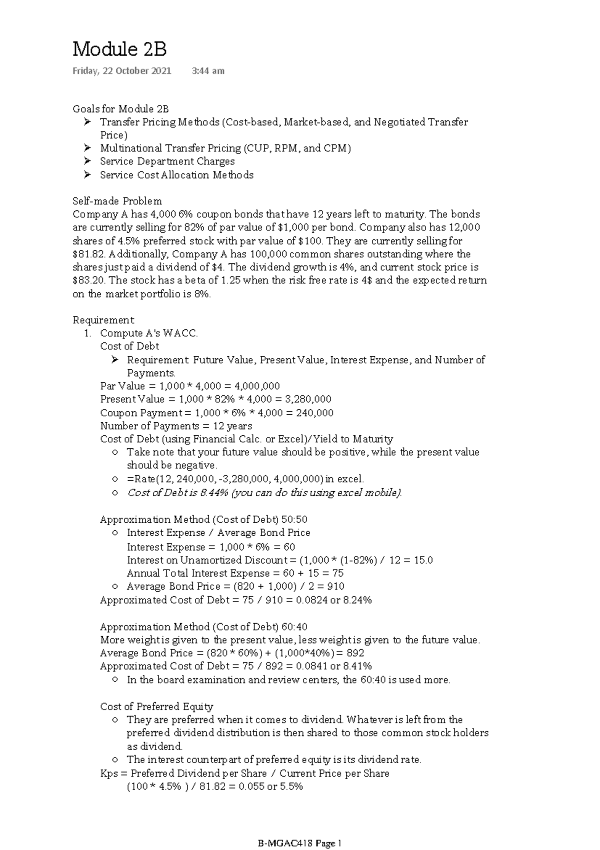 Module 2B - Detailed MAS Notes on Transfer Pricing Methods and WACC ...