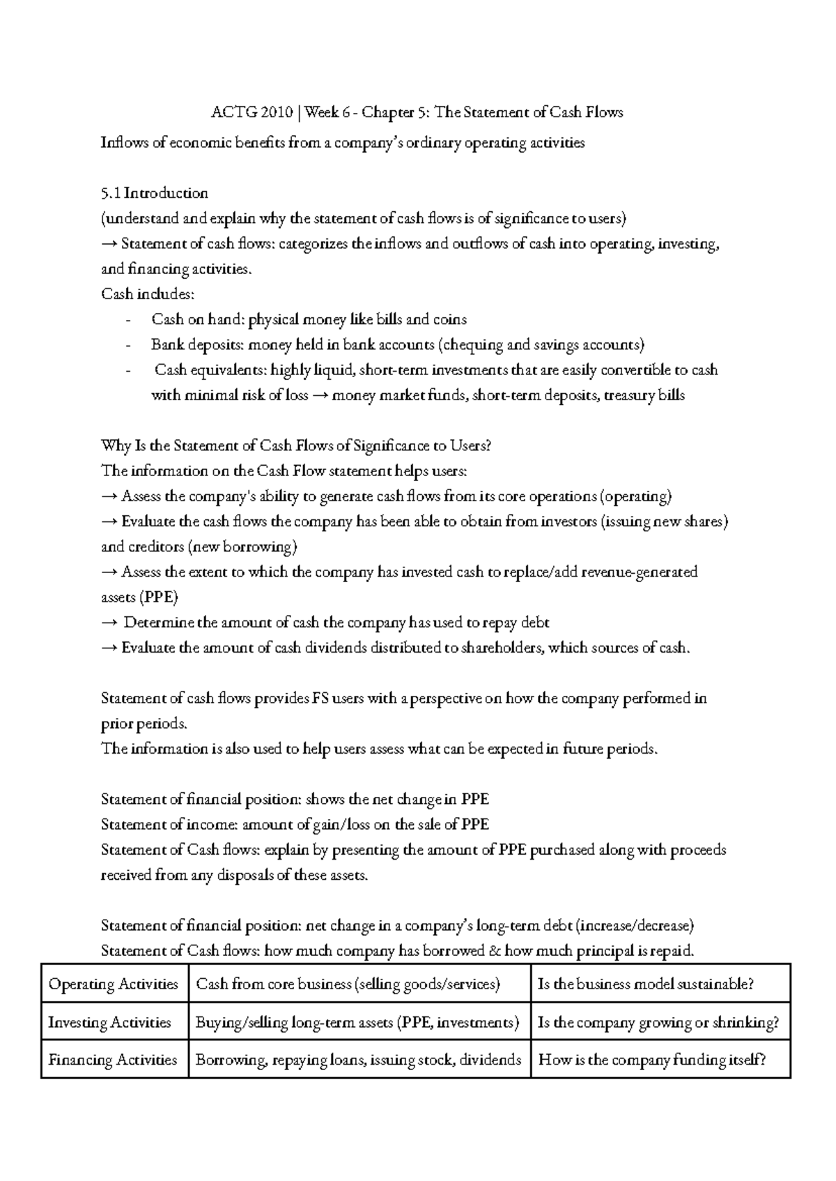 ACTG 2010 Week 6 - Chapter 5: Understanding the Statement of Cash Flows ...