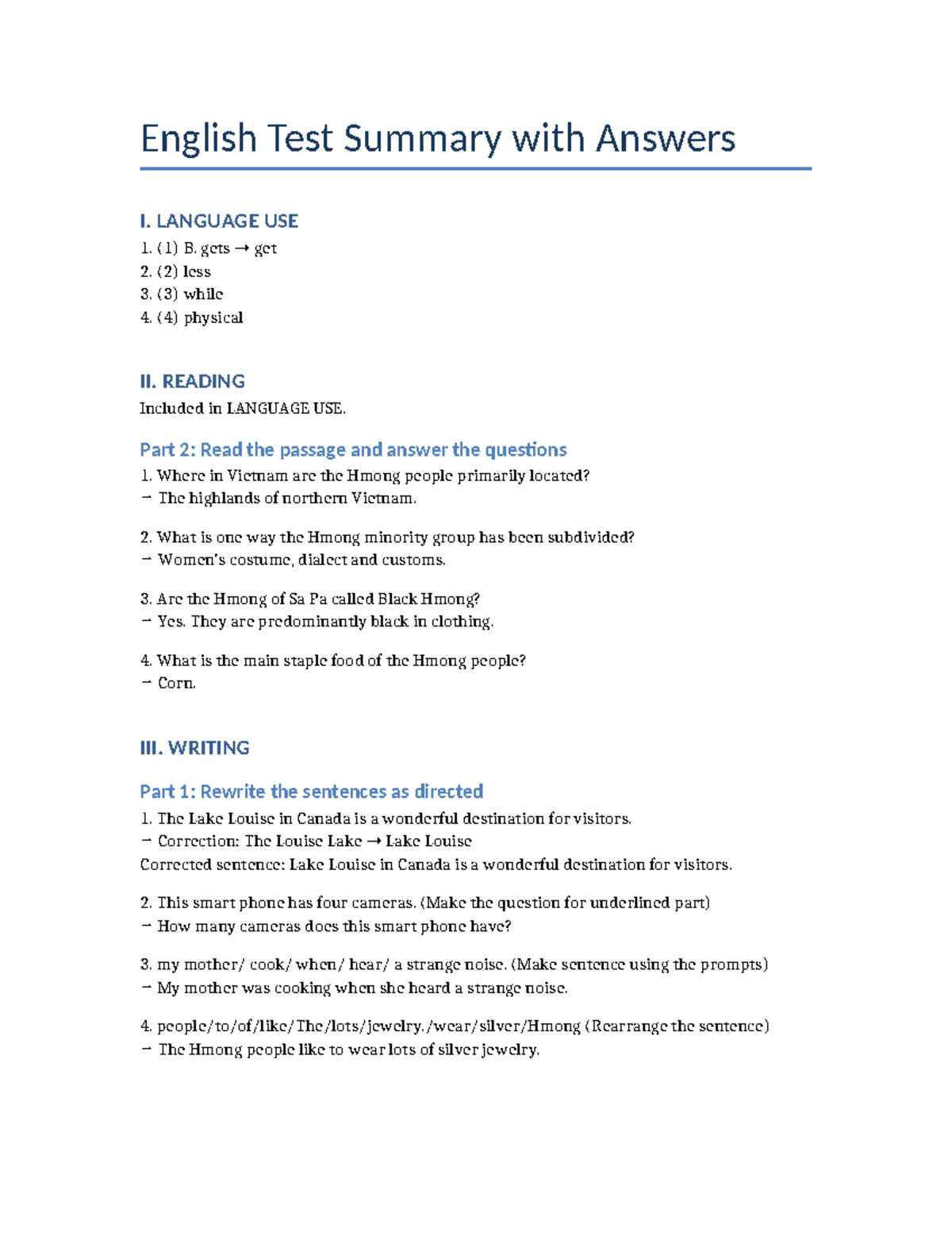 English Test Summary - Language Use & Reading Answers - Studocu
