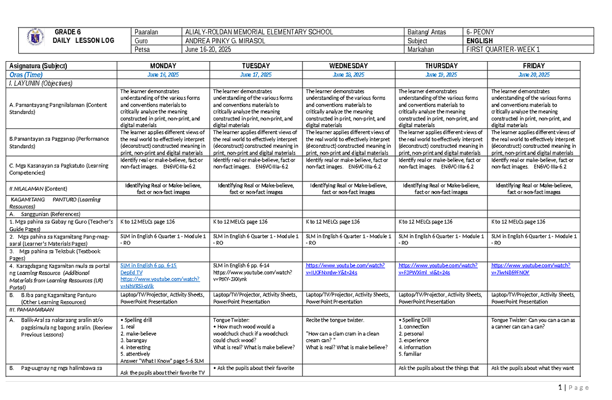 English Grade 6 Daily Lesson Log (DLL) Q1 Week 1: June 16-20 - Studocu