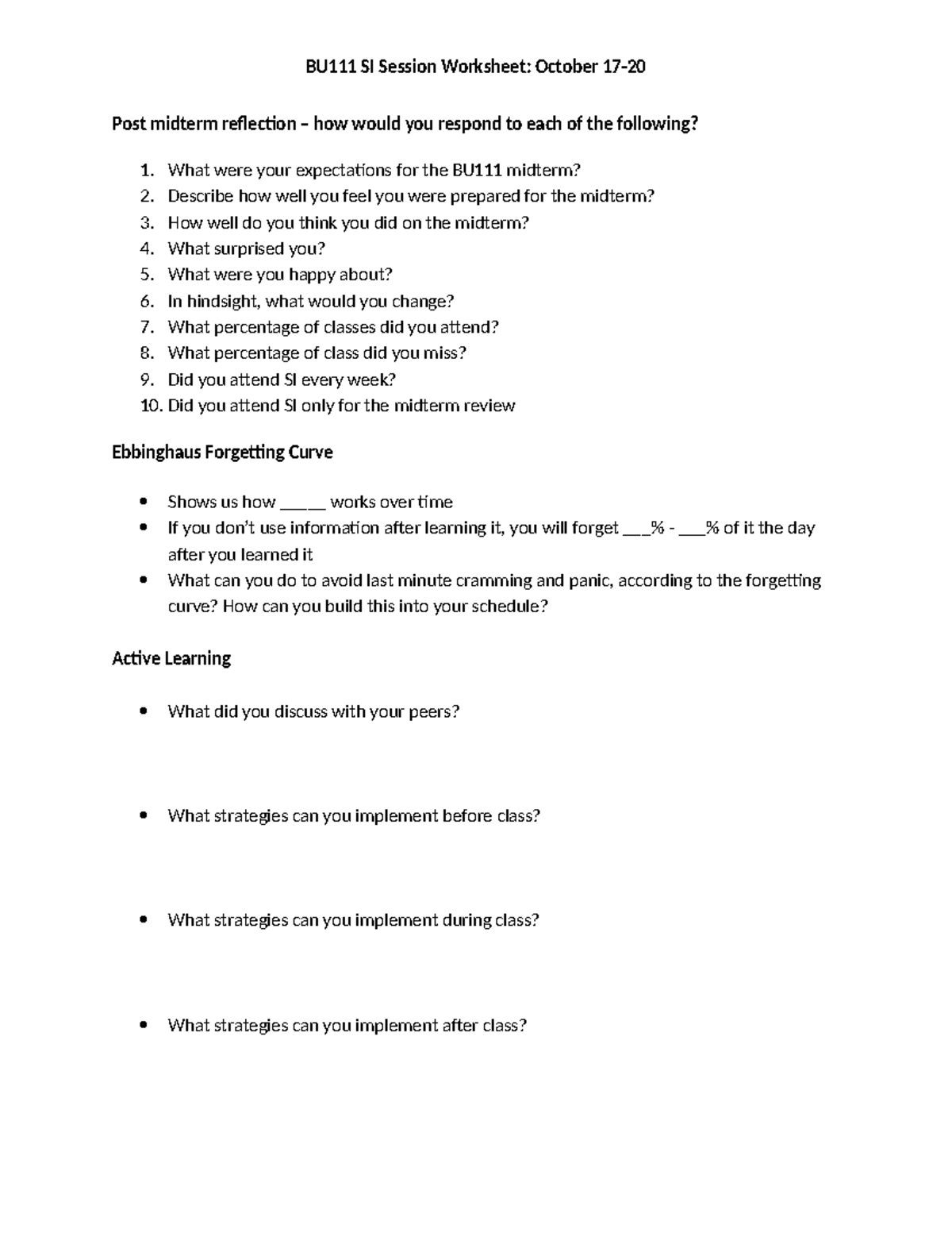 BU111 Midterm Reflection & SI Session Worksheet - Oct 2023 - Studocu