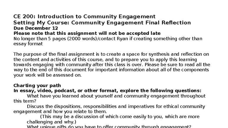 CE 200: Community Engagement Final Reflection Assignment Guide - Studocu