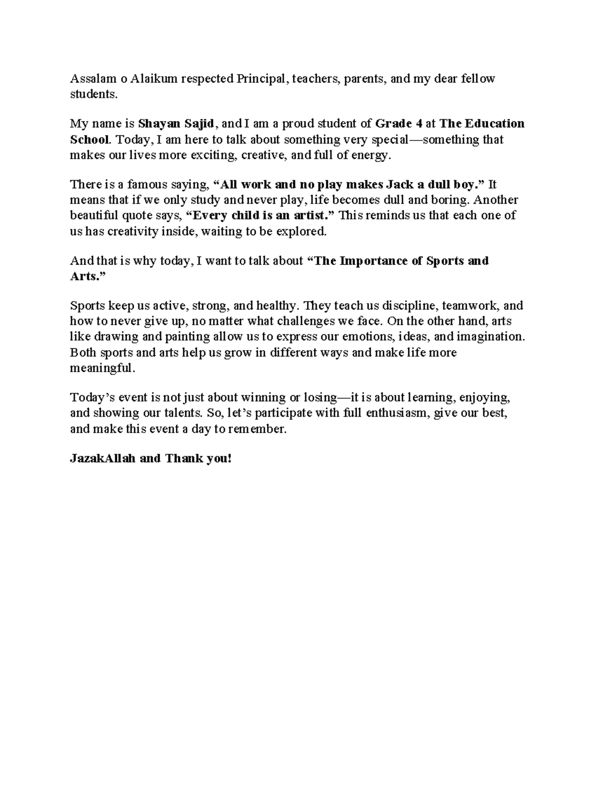 Importance of Sports and Arts in Student Life - Grade 4 Speech - Studocu