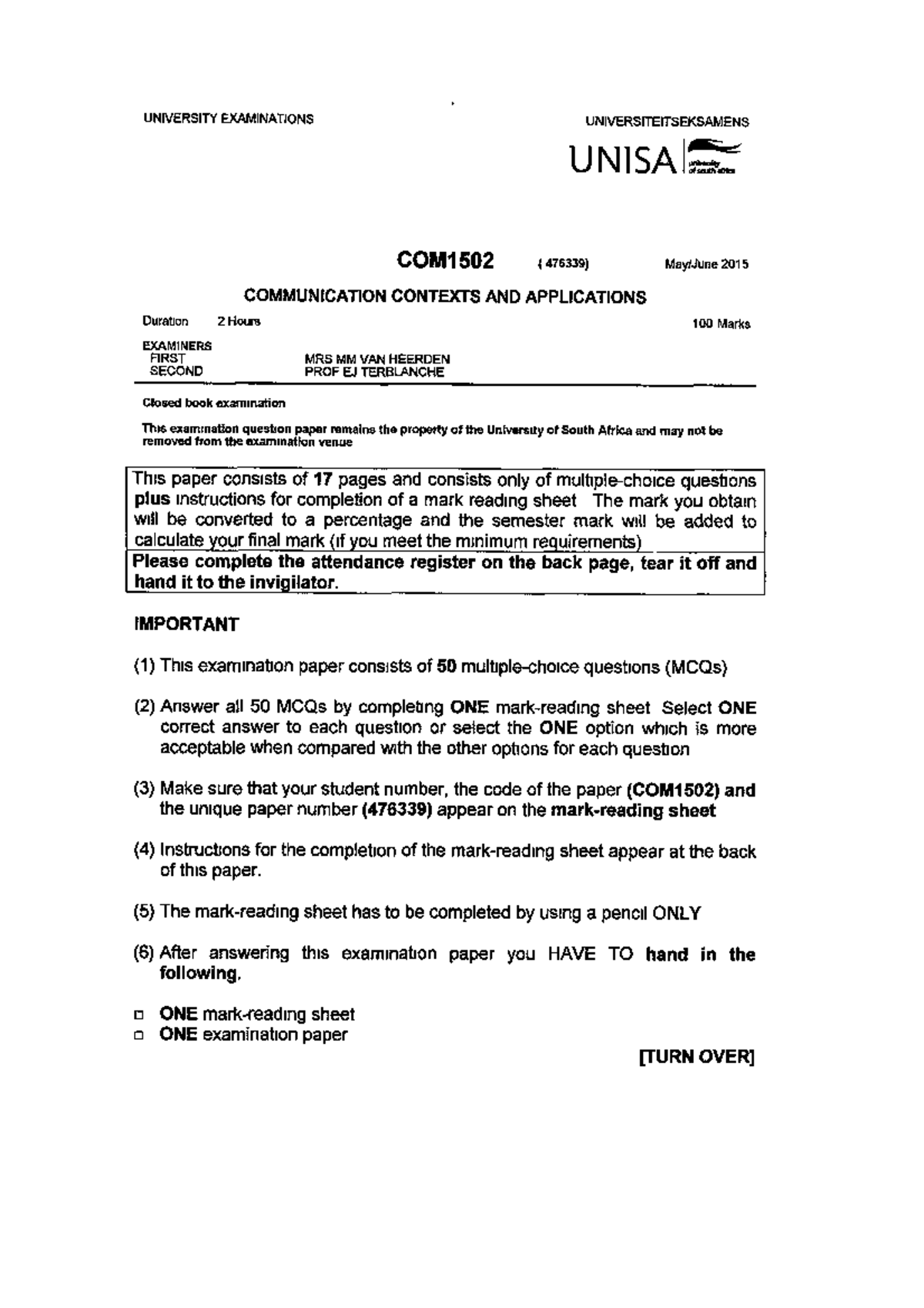 2015 exam - PAST EXAM PAPER - com1502 - Studocu