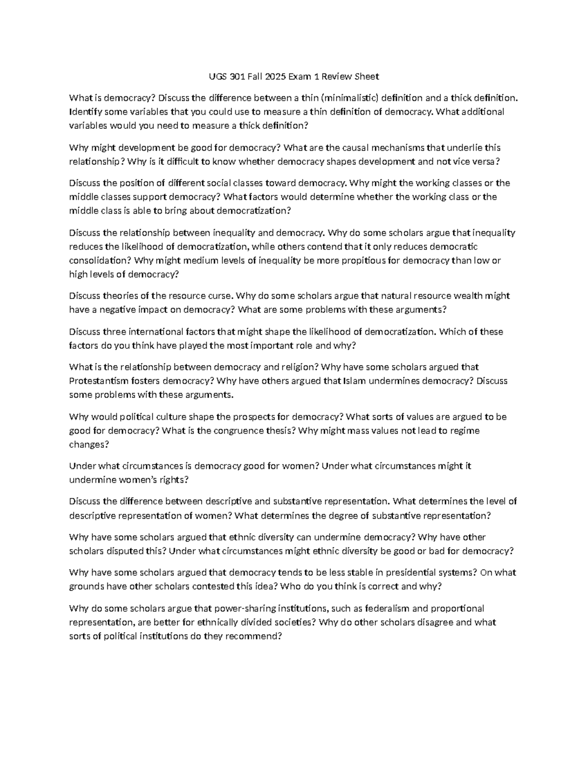 UGS 301 Fall 2025 Exam 1 Review Sheet: Key Concepts in Democracy - Studocu