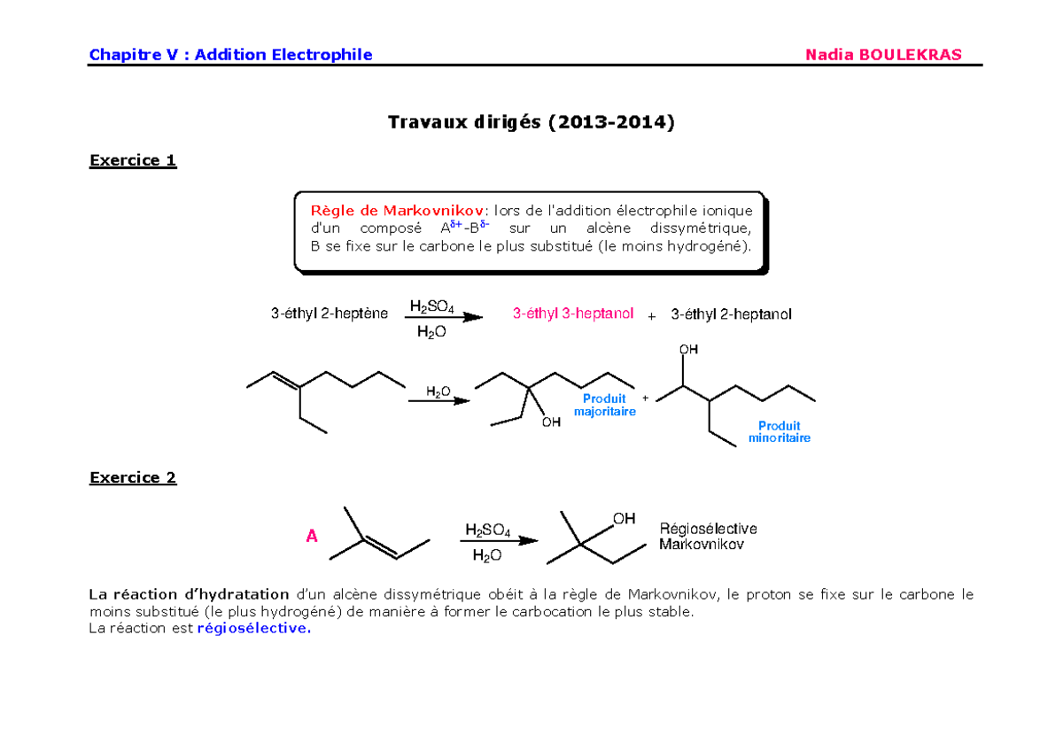 Chimie Organique Fonctionnelle TD Corrigé 05 Règles de Markovnikov et — free download