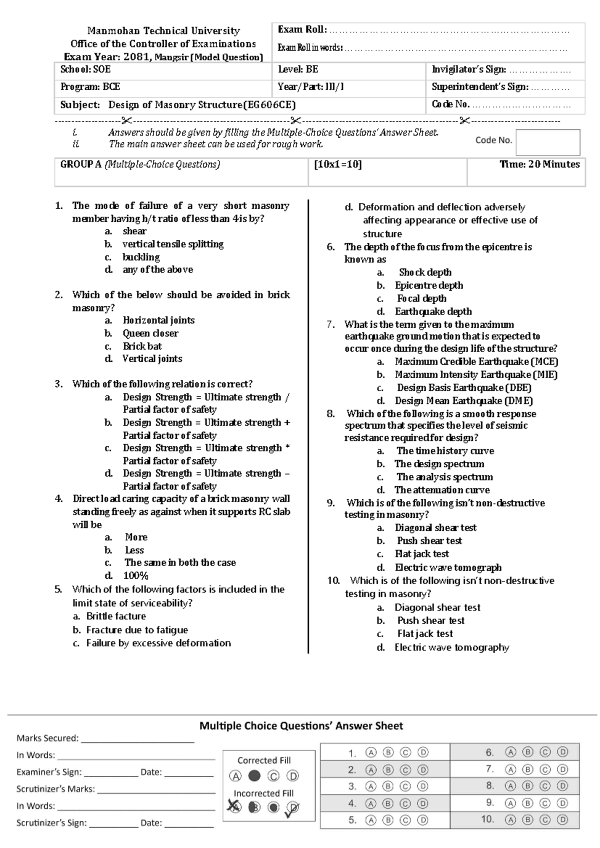 Design of Masonry Structures (EG606CE) - Model Question Paper - Studocu
