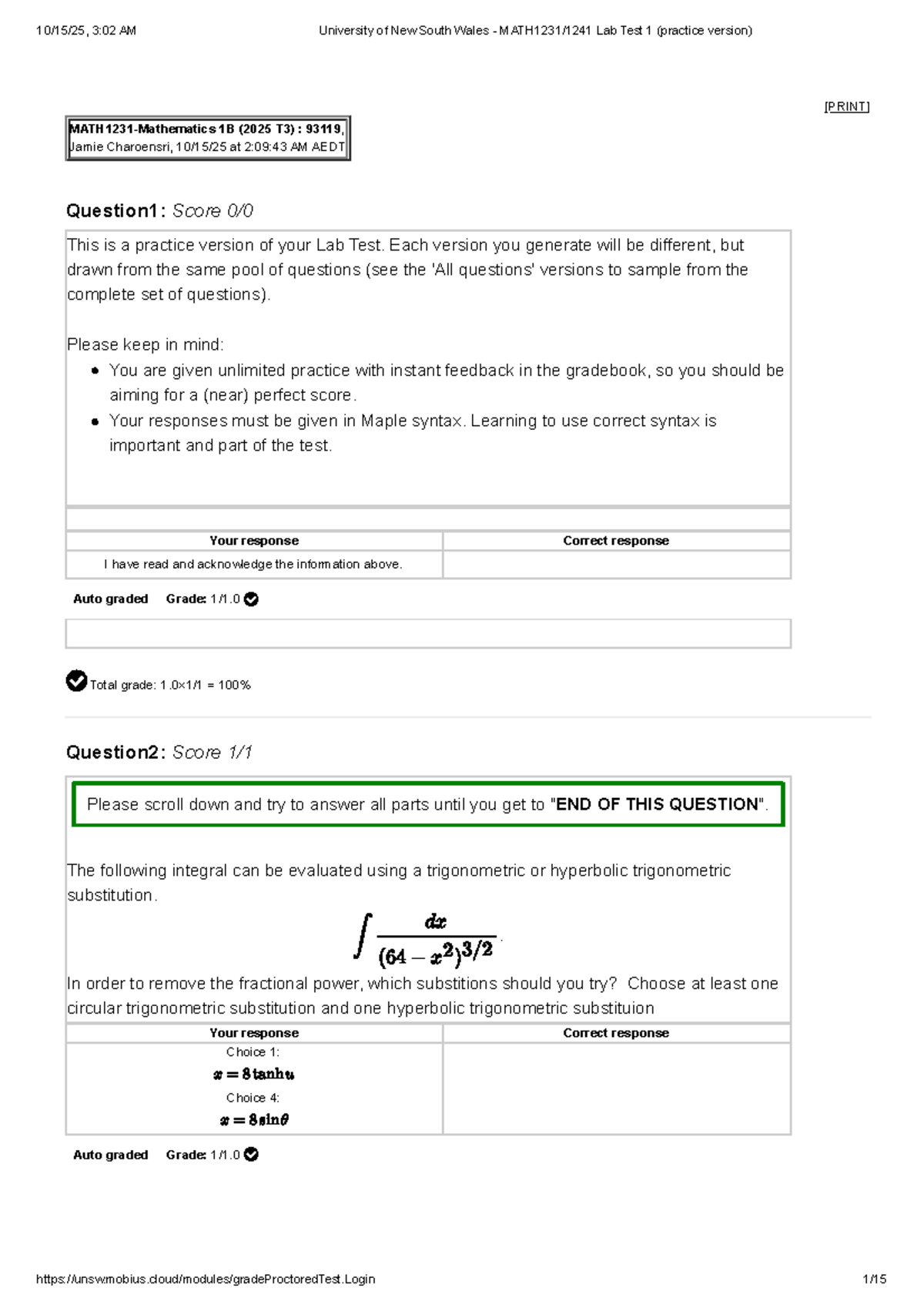 University of New South Wales - MATH1231 1241 Lab Test 1 (Practice ...