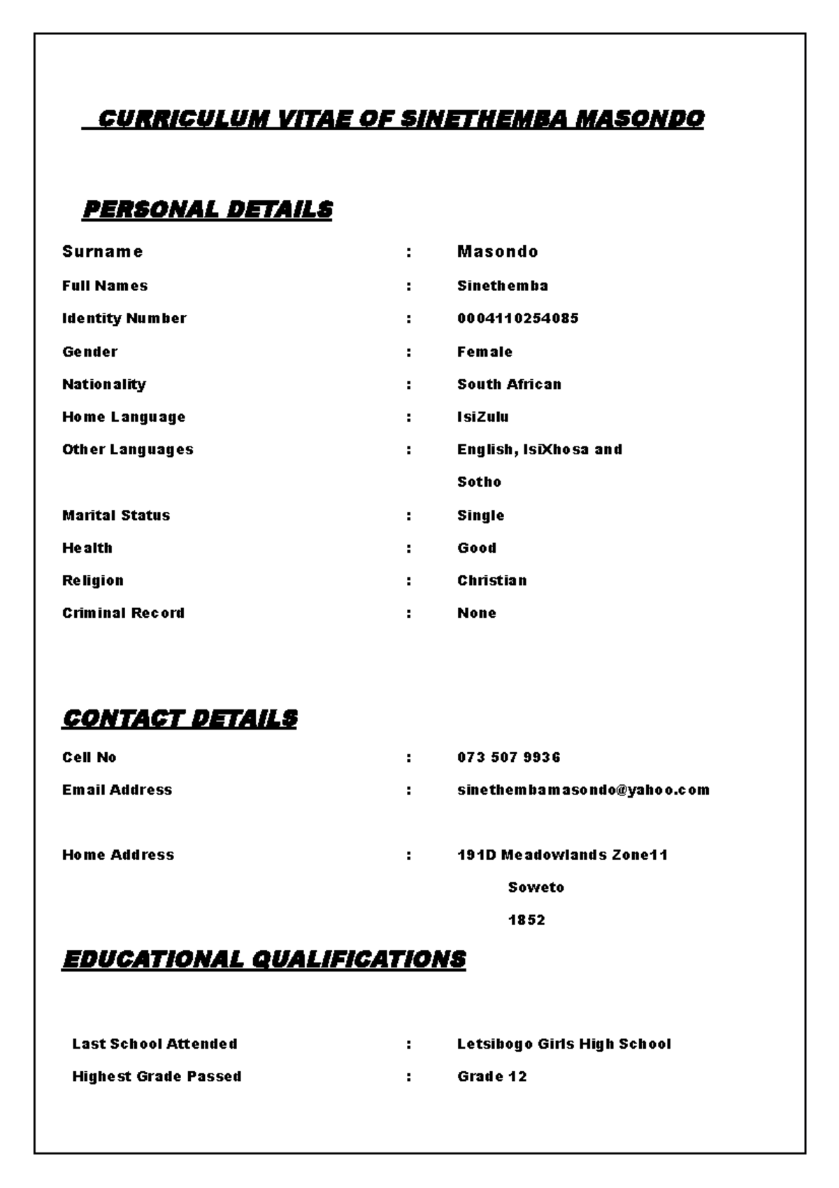 CV Example: Sinethemba Masondo - Personal & Educational Info - Studocu