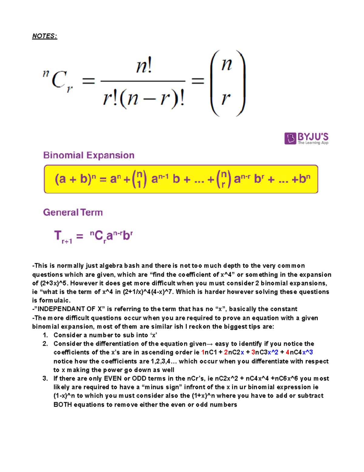 Ext 1 PEQ Binomial Expansion Notes and Tips for Problem Solving - Studocu