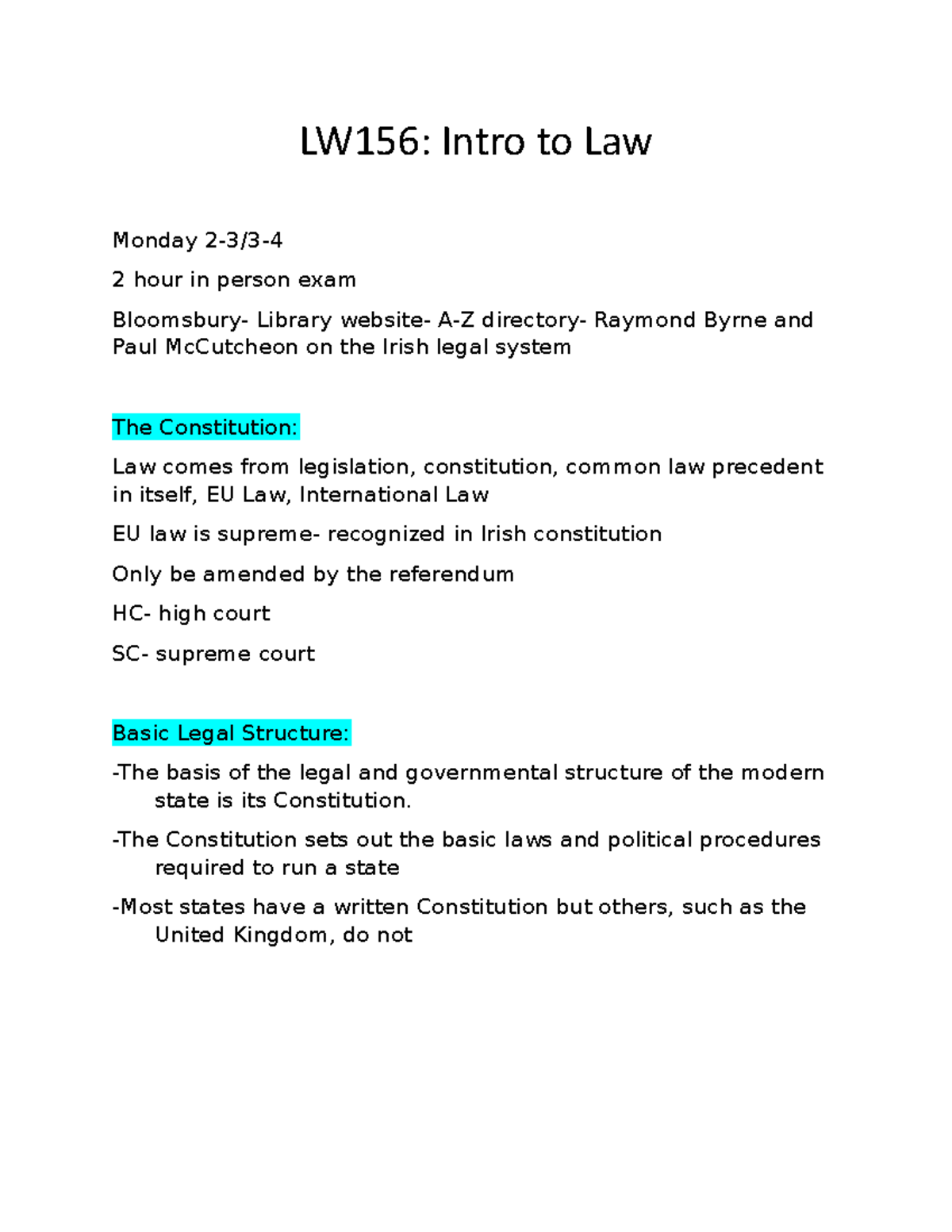 LW156-Intro to Law Study Notes for Final Exam Preparation - Studocu