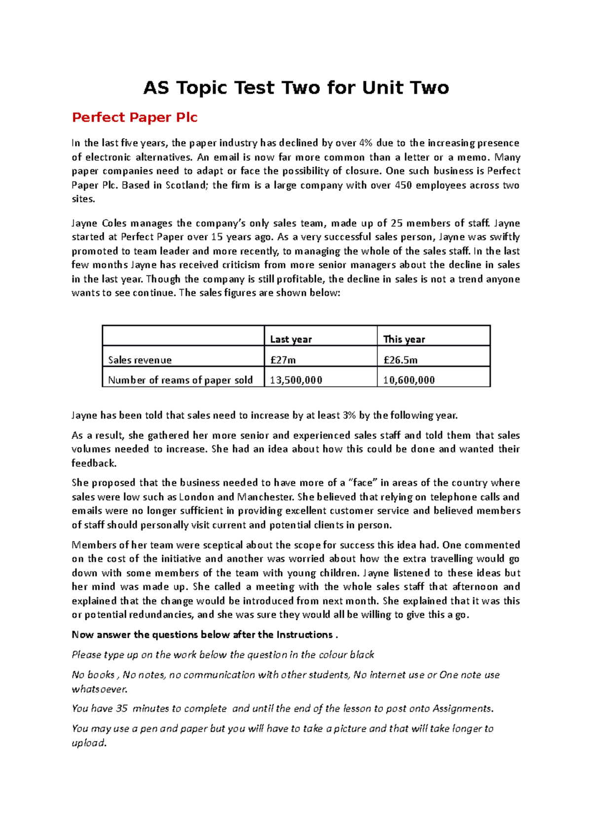 AS Topic Test 2 - Unit 2: Perfect Paper Plc Sales Strategy Analysis ...