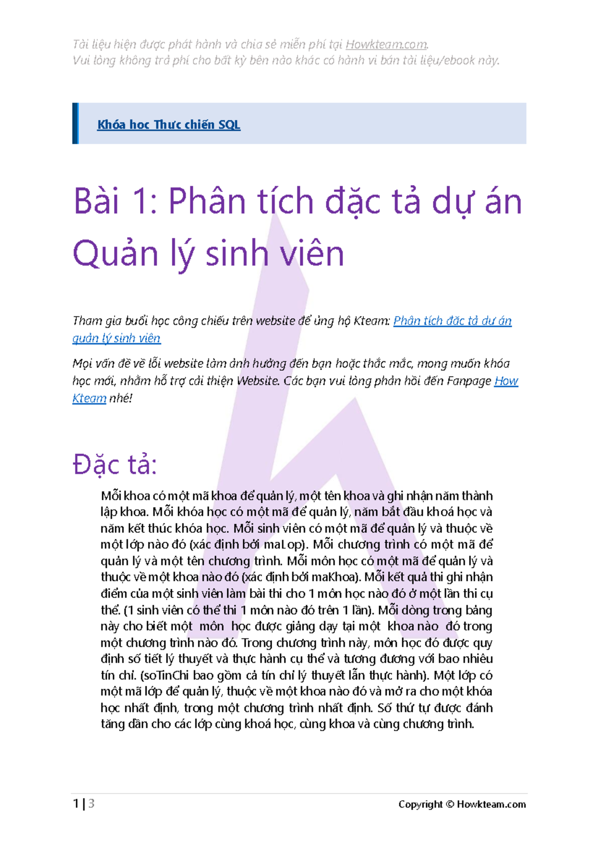 Bài 1. Phân tích đặc tả dự án Quản lý sinh viên Howkteam - T‡i liệu ...