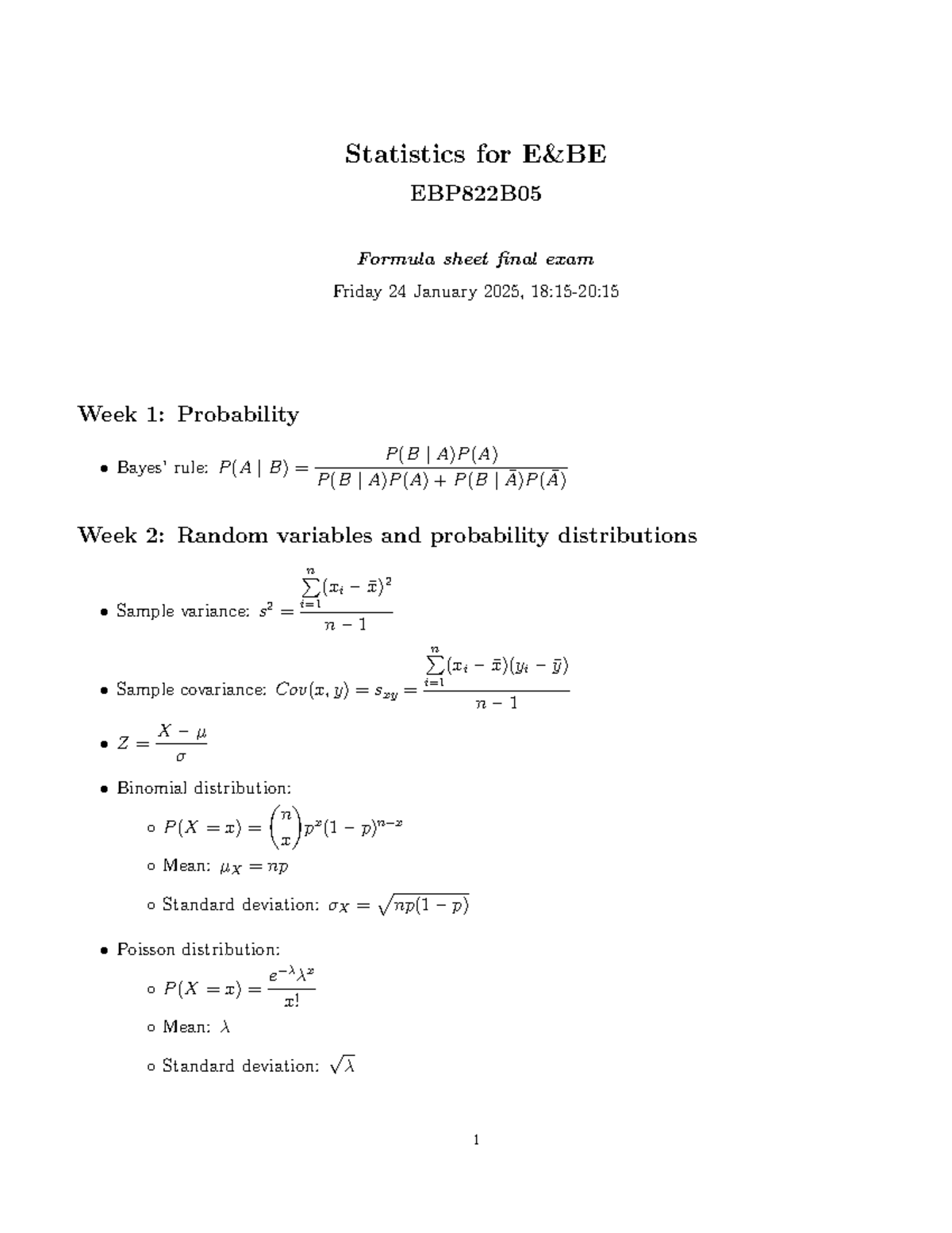 Statistics EBE EBP822B - Final Exam Formula Sheet - Studeersnel