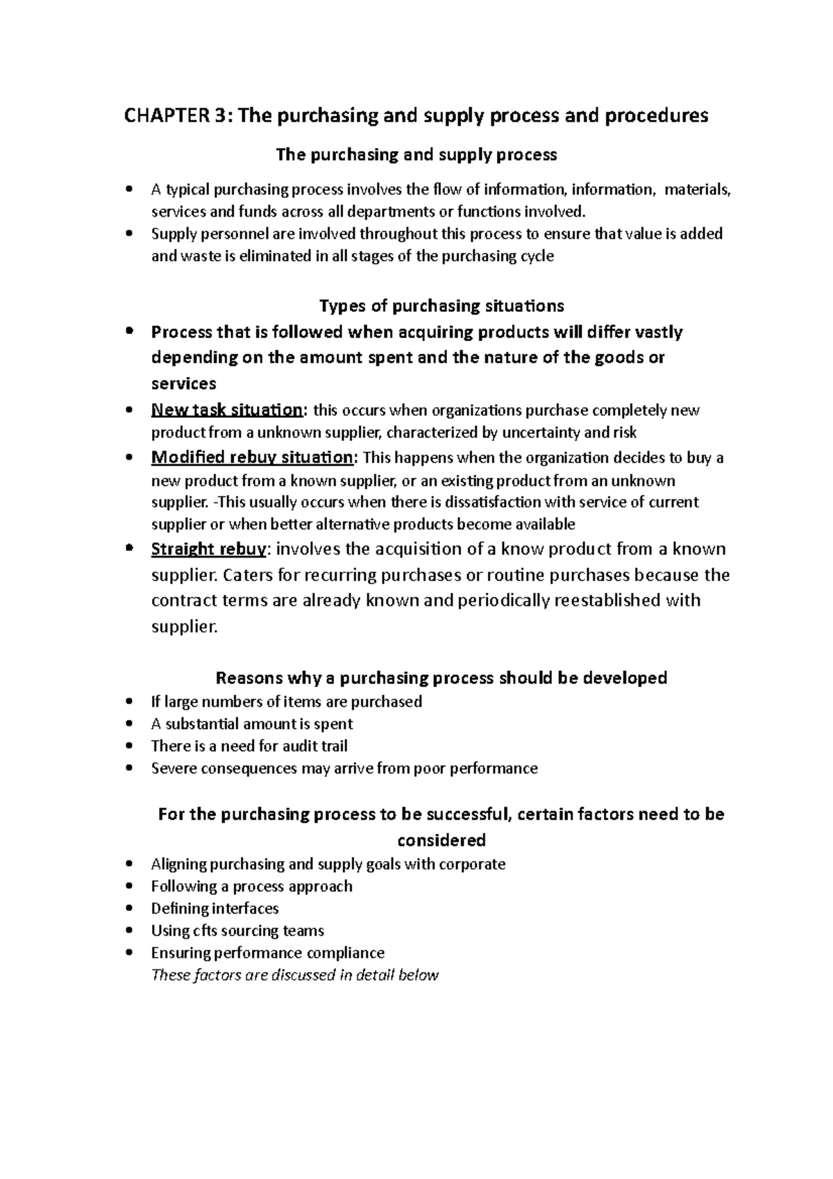 OBS 216 chapter 3 - notes - Chapter 3 The Purchasing Supply process ...