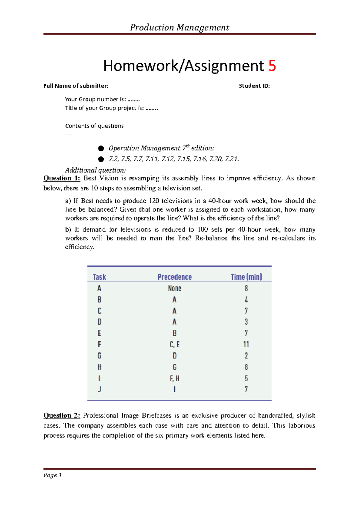 Assignment 5 - Capacity and facilities - Production Management Homework ...