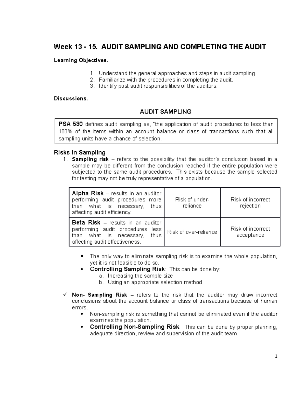 Acctg 11 - Audit Sampling Procedures: Weeks 13 to 15 Overview - Studocu