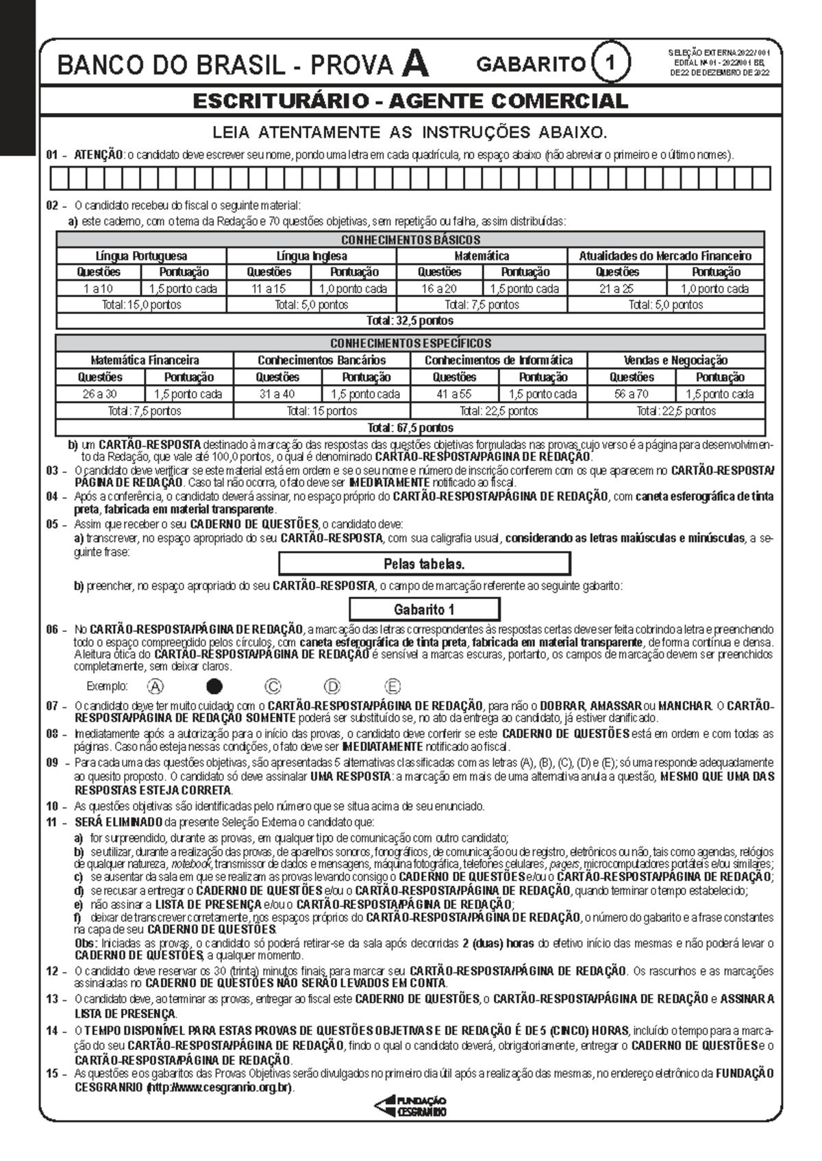 BANCO DO BRASIL 2023 - PROVA A - ESCRITURÁRIO AGENTE COMERCIAL GABARITO ...