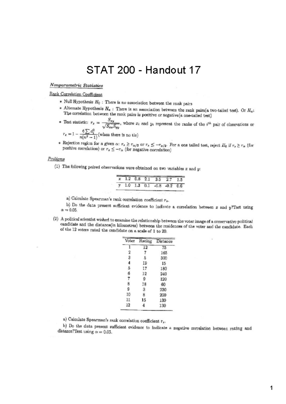 STAT 200 Handout 17: Nonparametric Rank Correlation Analysis - Studocu