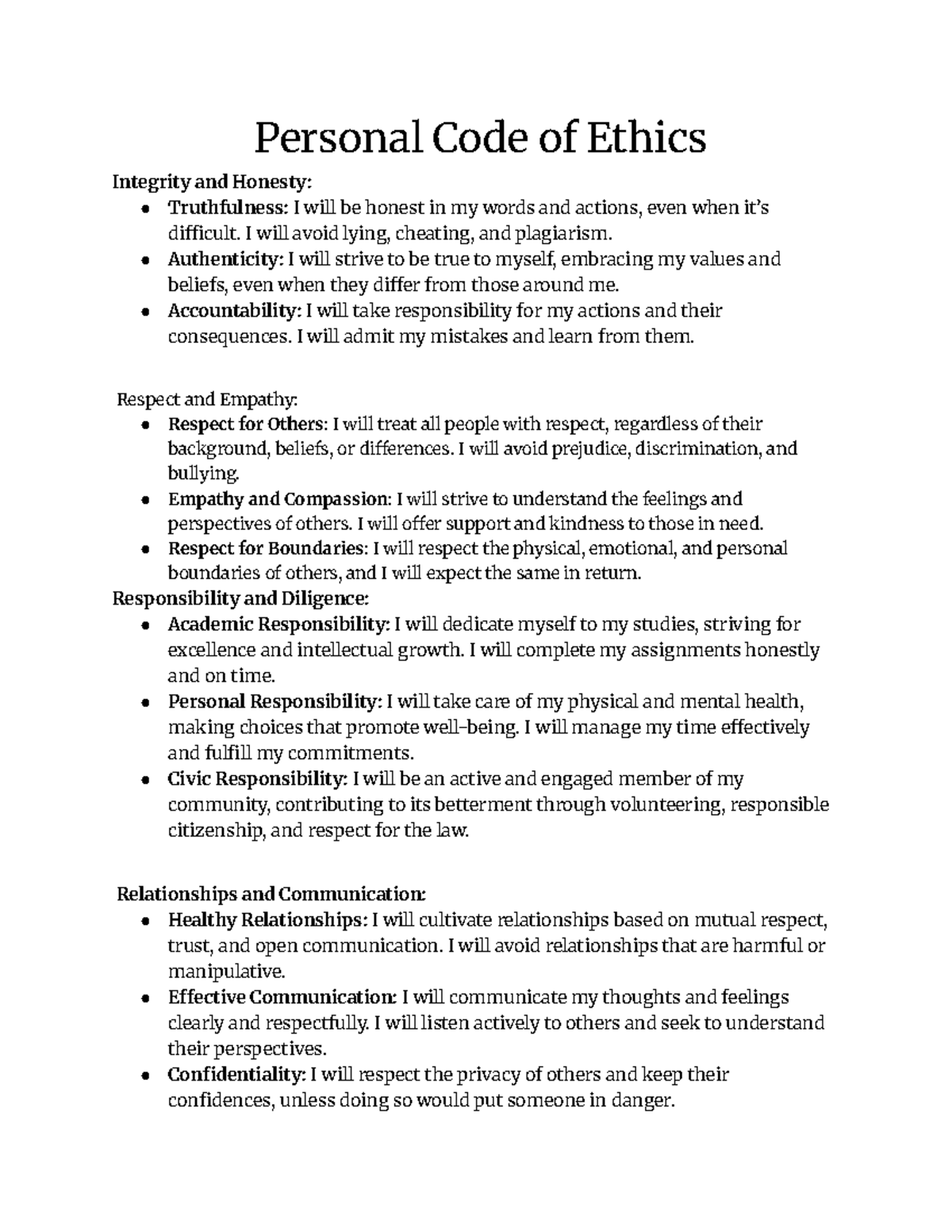 Personal Code of Ethics: Integrity, Honesty, and Responsibility - Studocu