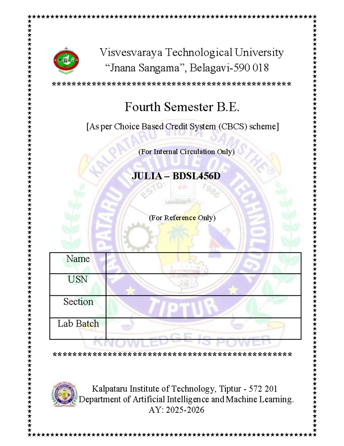Julia Lab Manual for BDSL456D - Practical Course Template - Document Preview