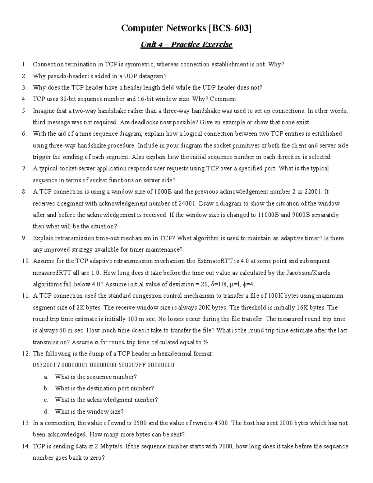 CN Practice Exercise 4: TCP Connection Concepts and Mechanisms - Studocu